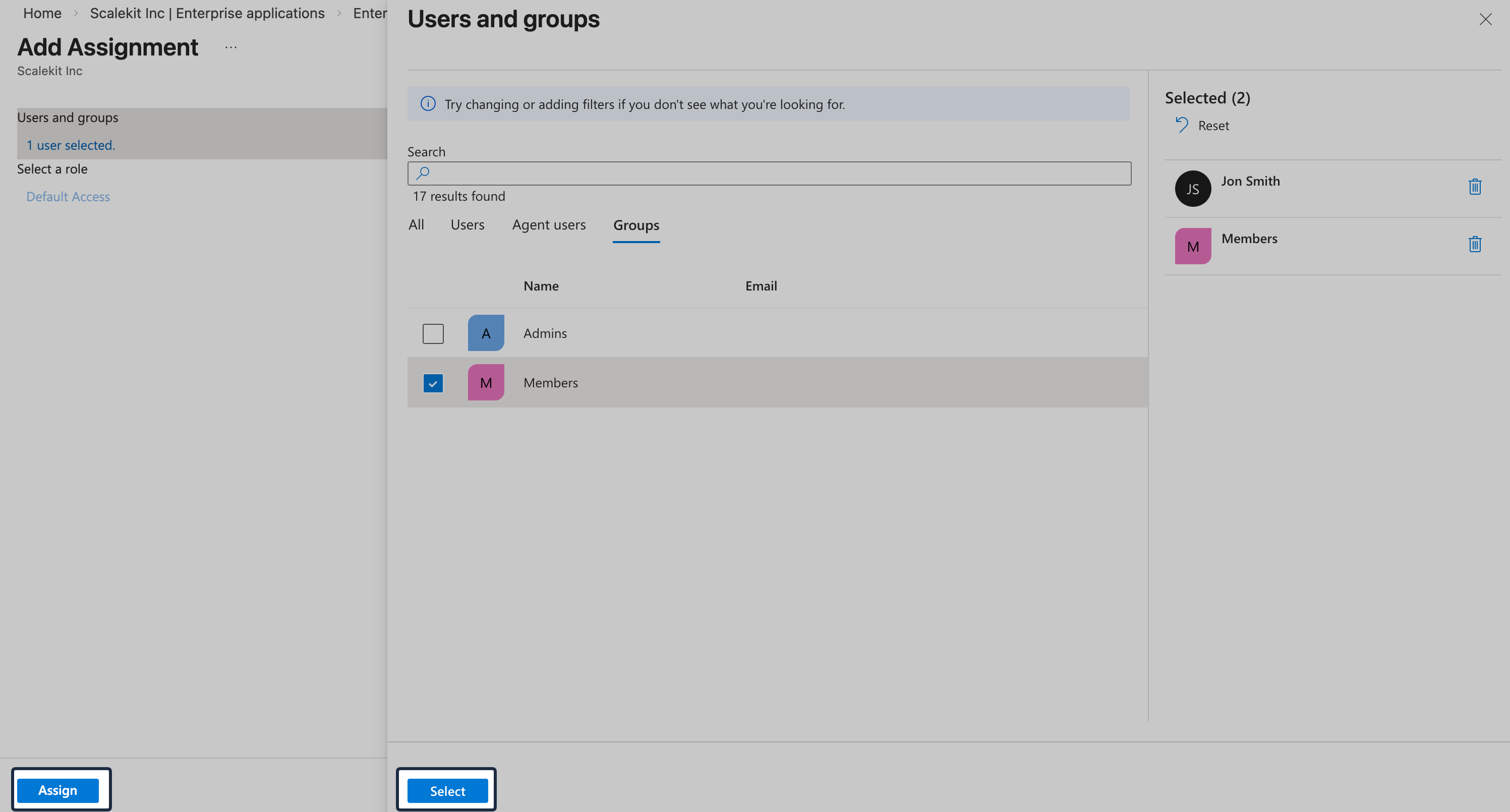 Assigned users and groups list for the Entra OIDC enterprise application