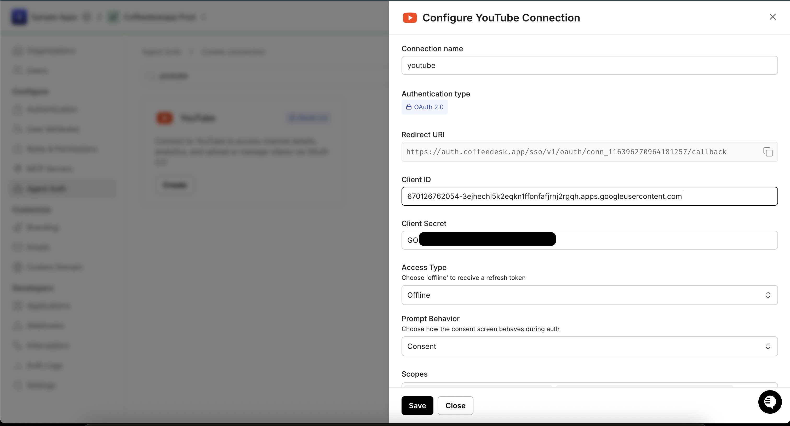 Configure YouTube Connection panel filled with Client ID and Client Secret