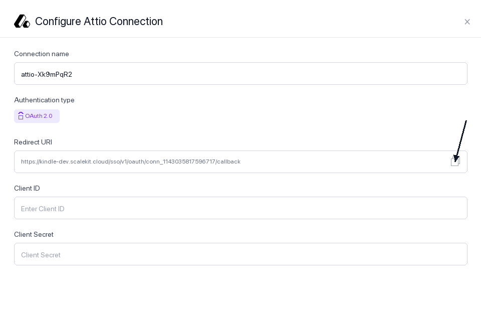 Scalekit Agent Auth showing the Redirect URI for the Attio connection